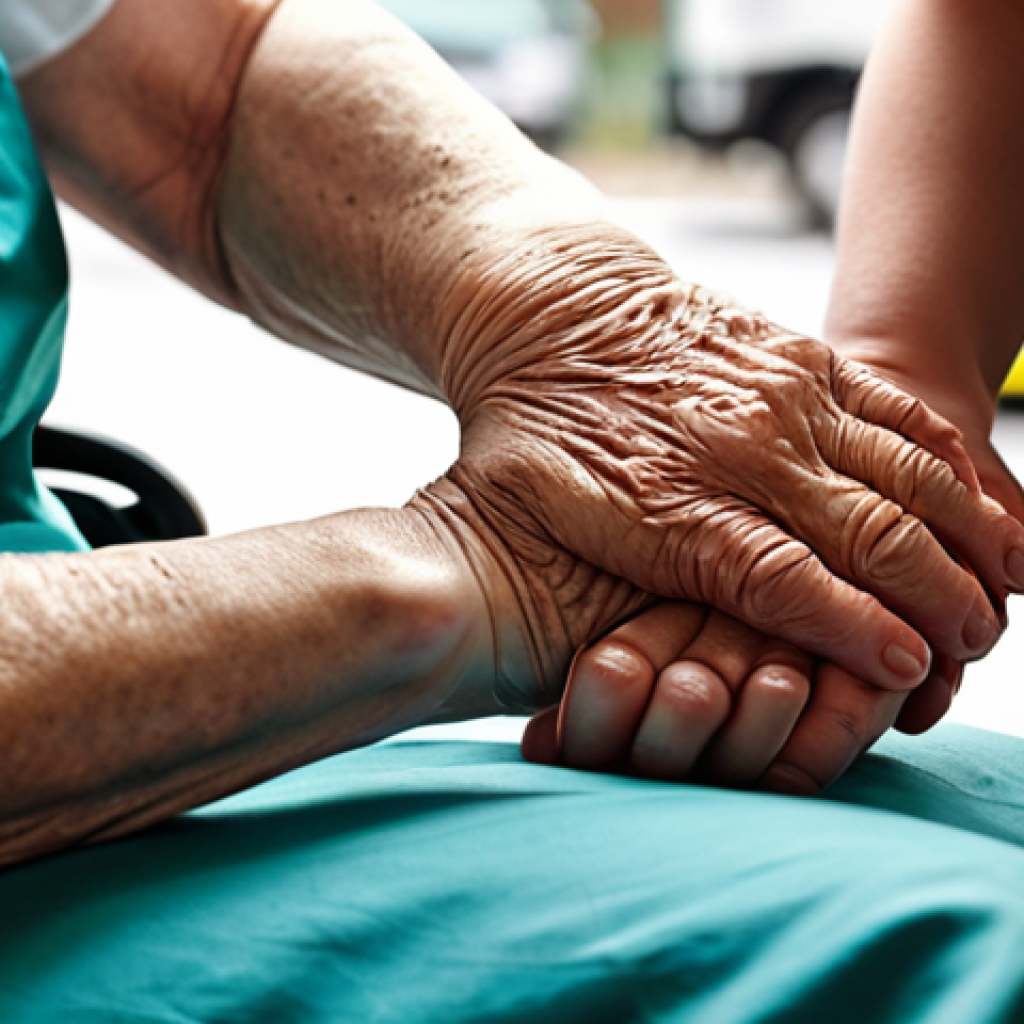A compassionate ambulance paramedic gently holding the hand of an elderly, worried family member at a chaotic accident scene, conveying calm and empathy amidst the urgency. The focus is on the human connection and emotional support, rather than medical procedures. Soft, reassuring lighting.