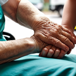 A compassionate ambulance paramedic gently holding the hand of an elderly, worried family member at a chaotic accident scene, conveying calm and empathy amidst the urgency. The focus is on the human connection and emotional support, rather than medical procedures. Soft, reassuring lighting.