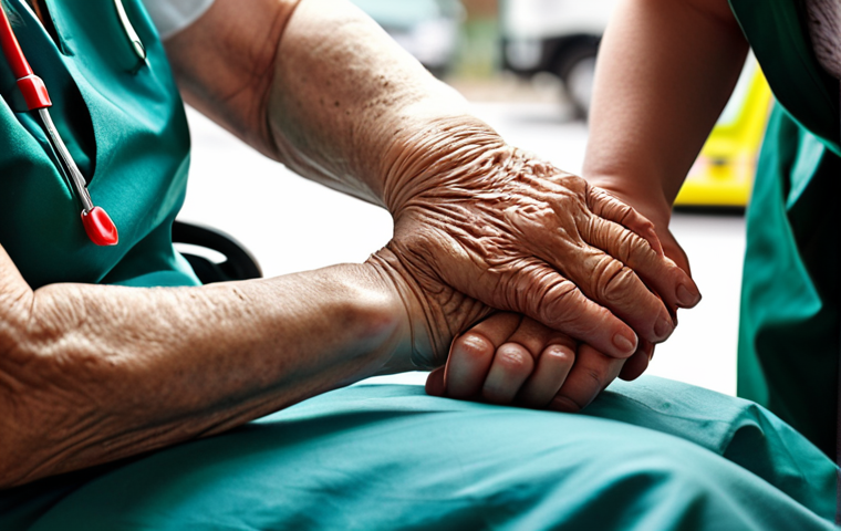 A compassionate ambulance paramedic gently holding the hand of an elderly, worried family member at a chaotic accident scene, conveying calm and empathy amidst the urgency. The focus is on the human connection and emotional support, rather than medical procedures. Soft, reassuring lighting.