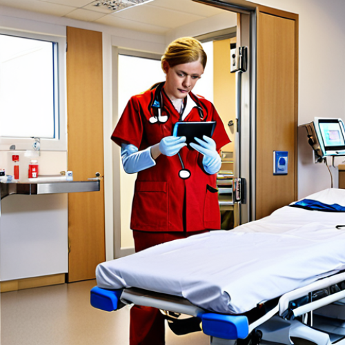 Home 8 The Critical Digital Handover**
A dynamic and collaborative scene at the emergency department entrance of a modern Swedish hospital. An ambulance crew is seamlessly handing over a patient to waiting ER staff. The air is charged with urgency but also professional calm. Visible elements include digital tablets displaying critical patient information, a modern ambulance with subtle Swedish markings, and hospital personnel in contemporary uniforms. The focus is on the rapid, efficient information exchange and the vital, technology-aided link between pre-hospital and in-hospital care.
2. **Prompt for